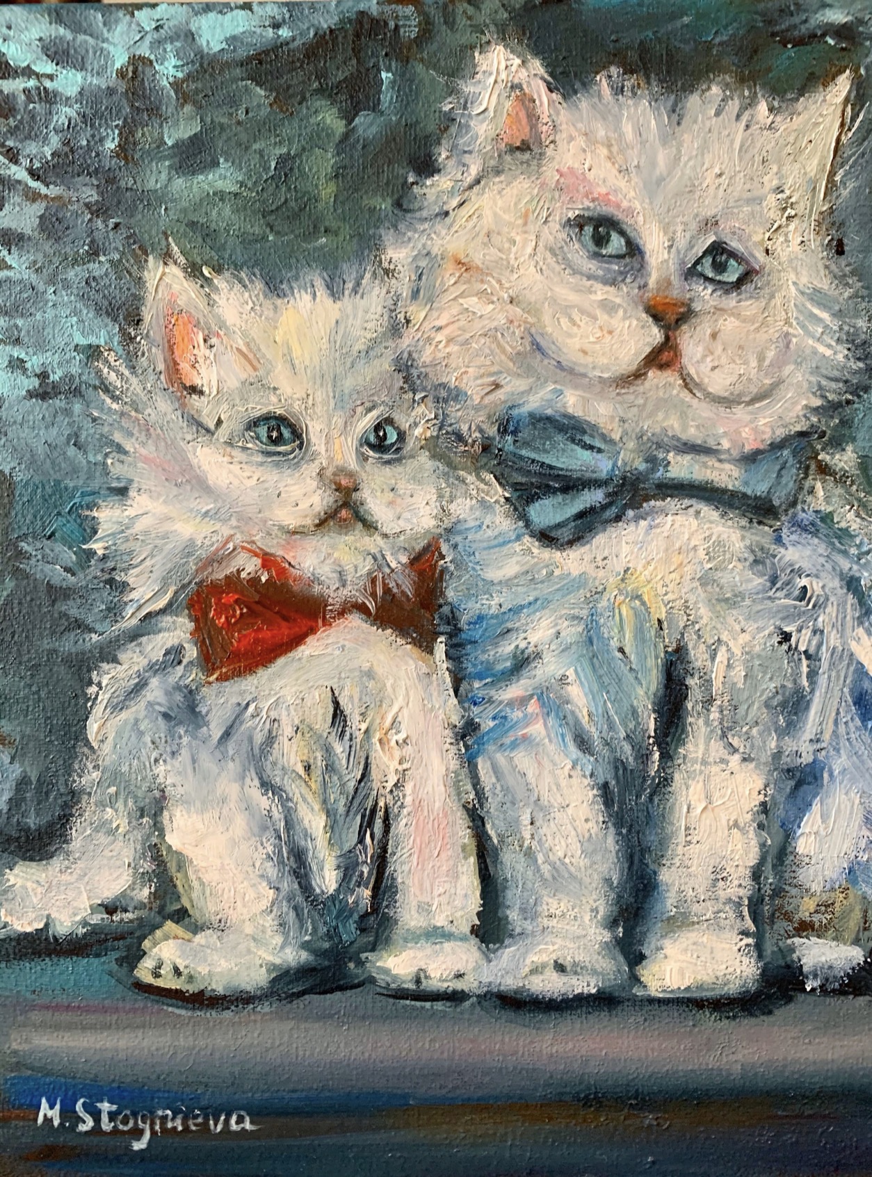 Kittens in Bow Ties — painting by Marina Stognieva, oil on canvas, 20 × 24 cm, 2022